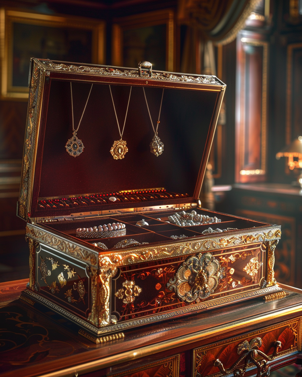 A luxurious antique royal jewelry box in opulent palace.