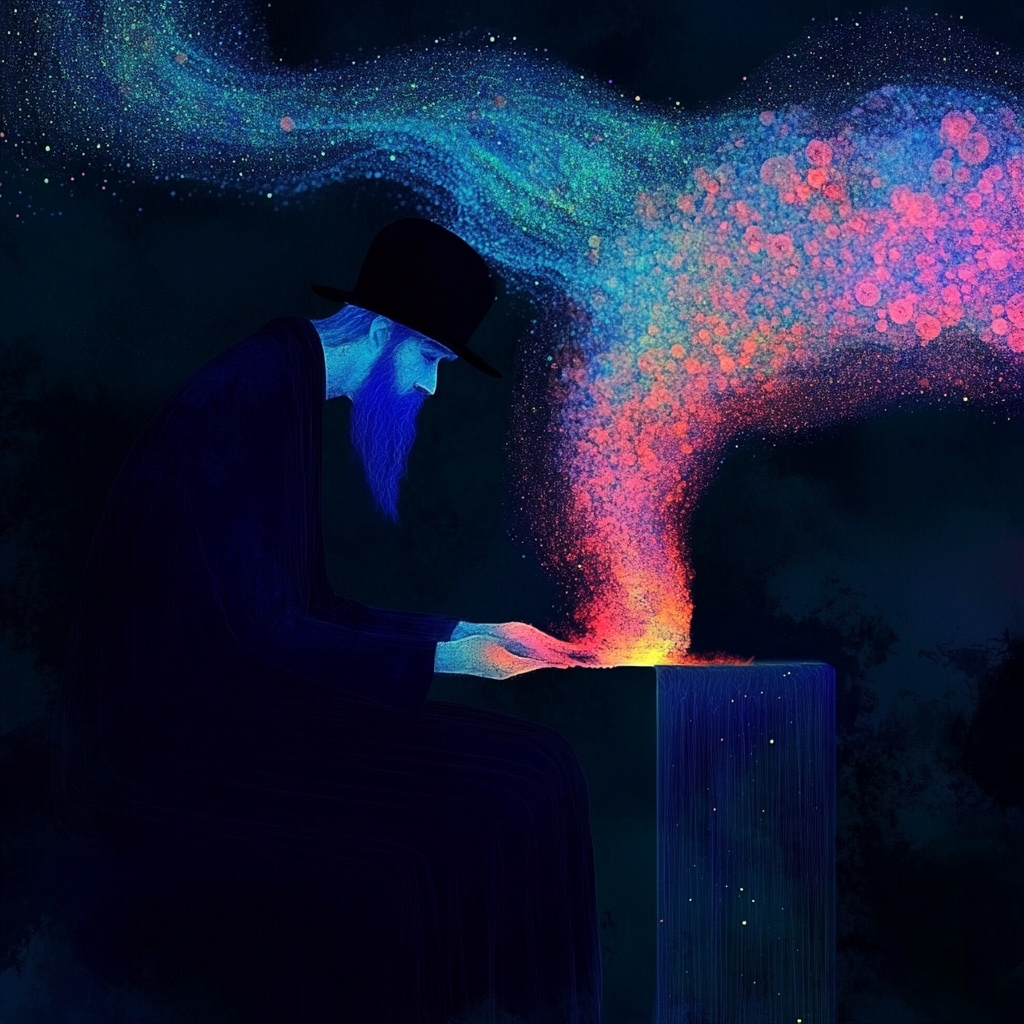 A mage conjures visible spirit in blue smoke.