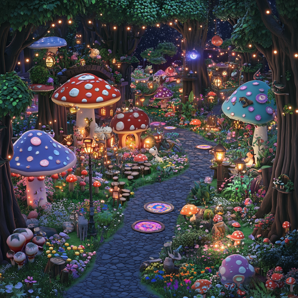 A magical forest with colorful mushrooms and animals