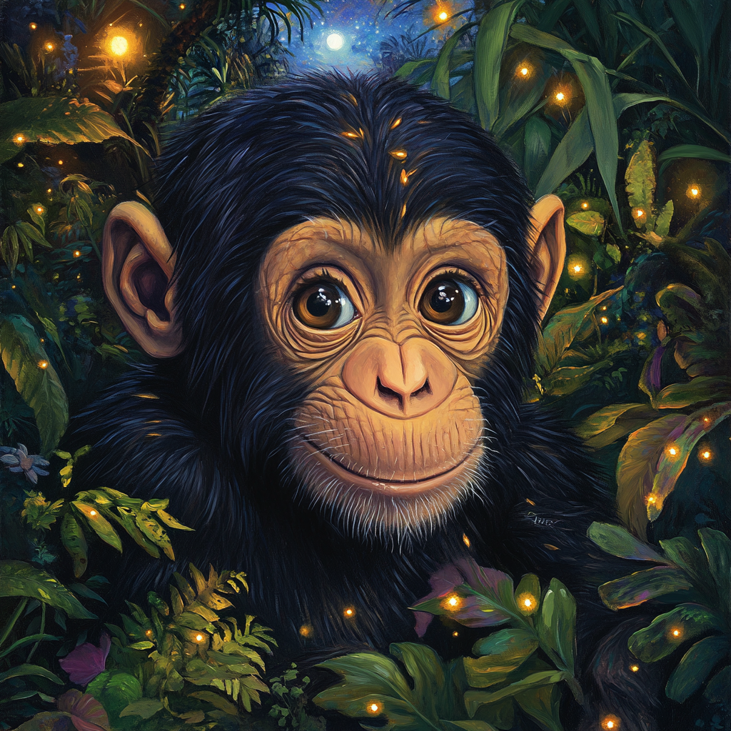 A magical jungle scene with baby chimpanzee