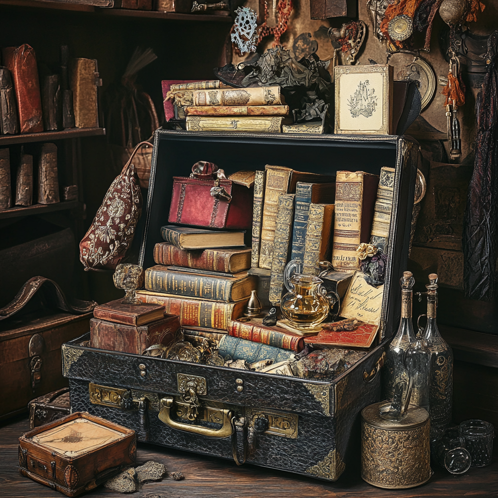 A magical suitcase with diverse items inside.