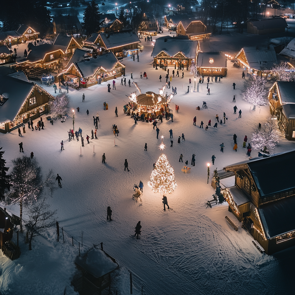 A magical winter town square at a festival.