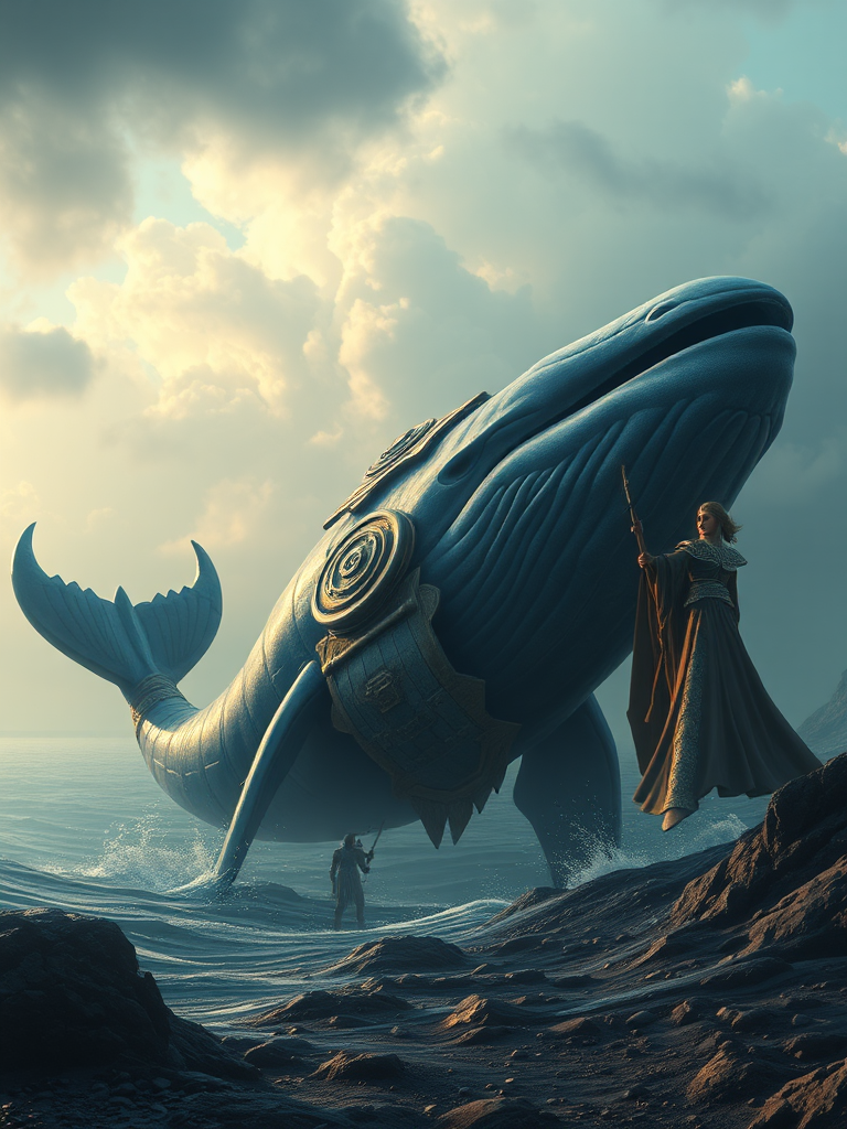 A majestic blue whale as a Titan warrior.