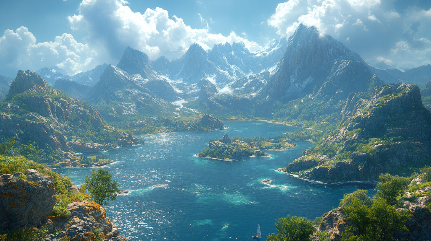 A majestic mountain range in a fantasy world.