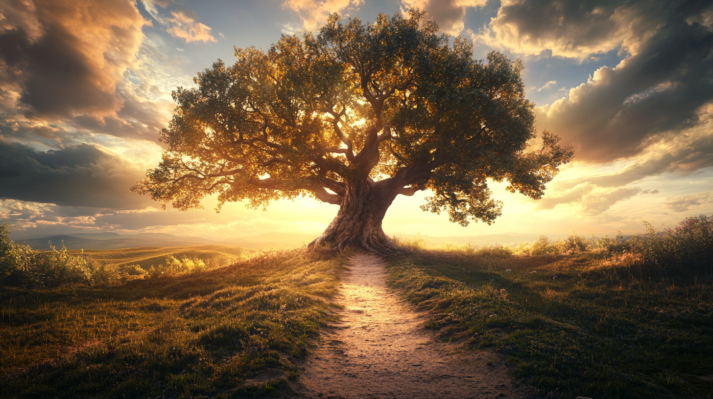 A majestic old tree leaning over worn path.