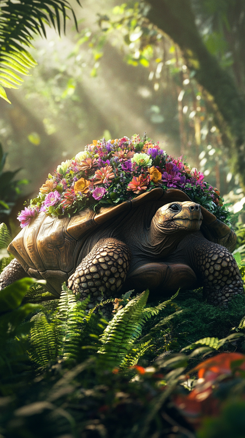 A majestic tortoise in a flower-filled forest