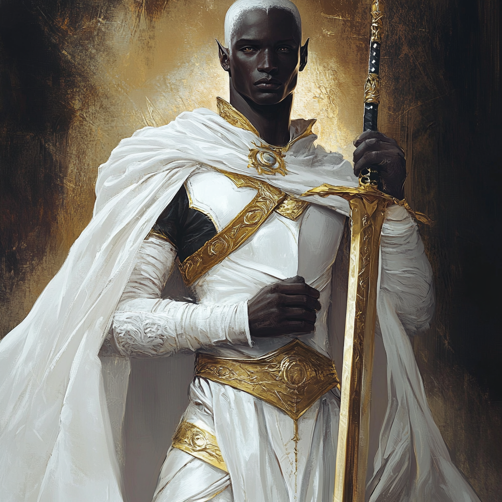 A male drow cleric of Pelor in robes