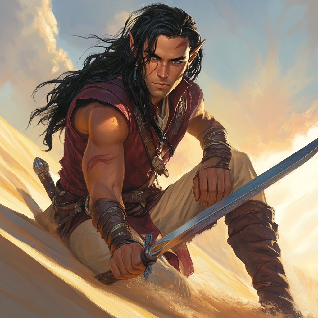 A male elf in desert, wielding sabre.