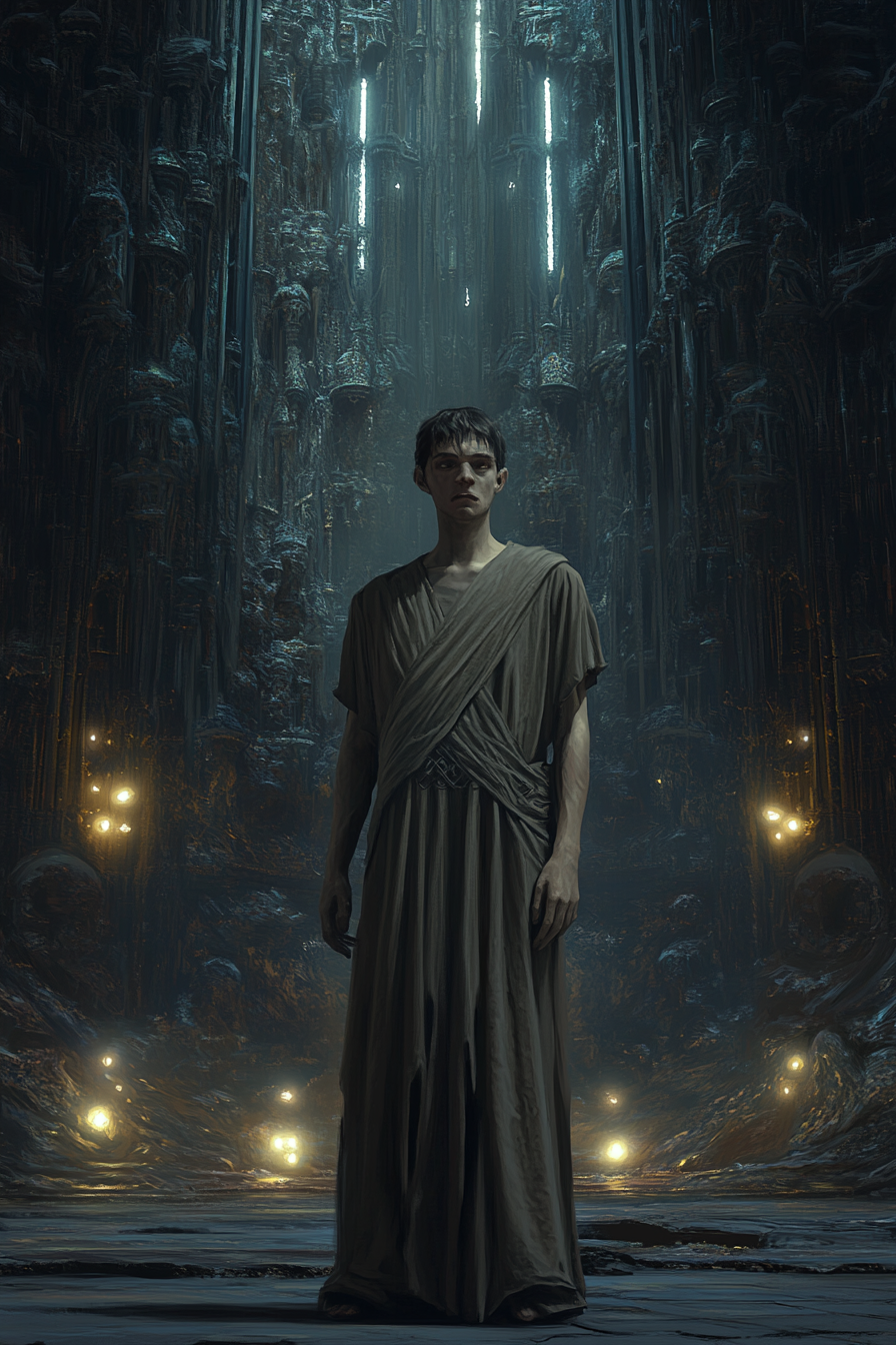 A male in grimdark robe in gothic cathedral.