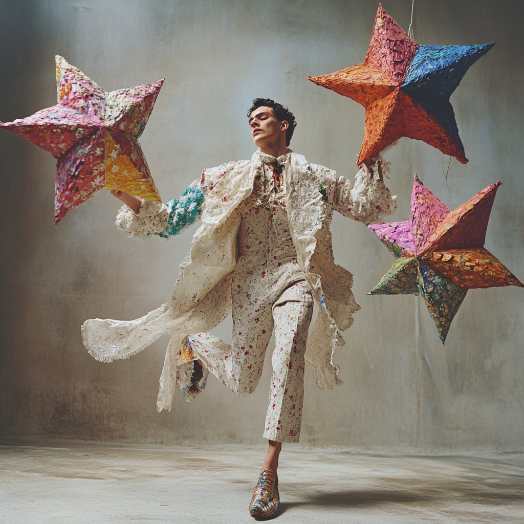 A male model dances under floating stars.