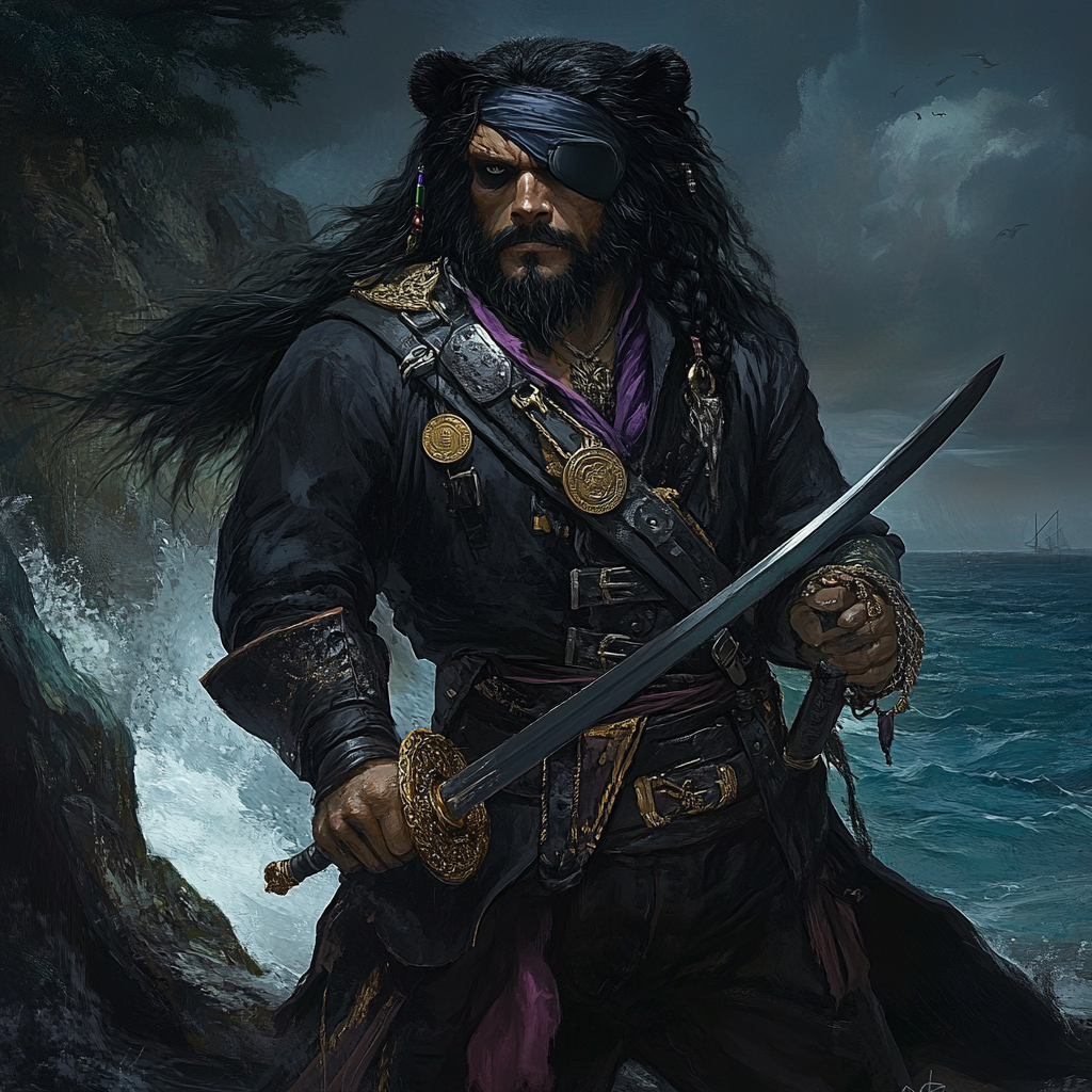 A male pirate with black beard and ringed fingers standing on cliff with sword.