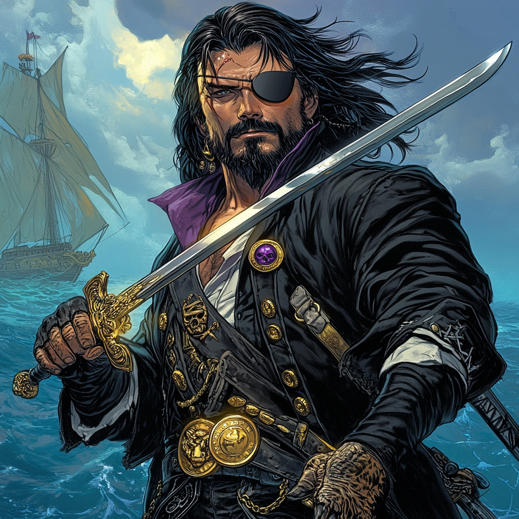 A male pirate with black hair, eye patch, sword, and jewelry, standing on a cliff by the sea.