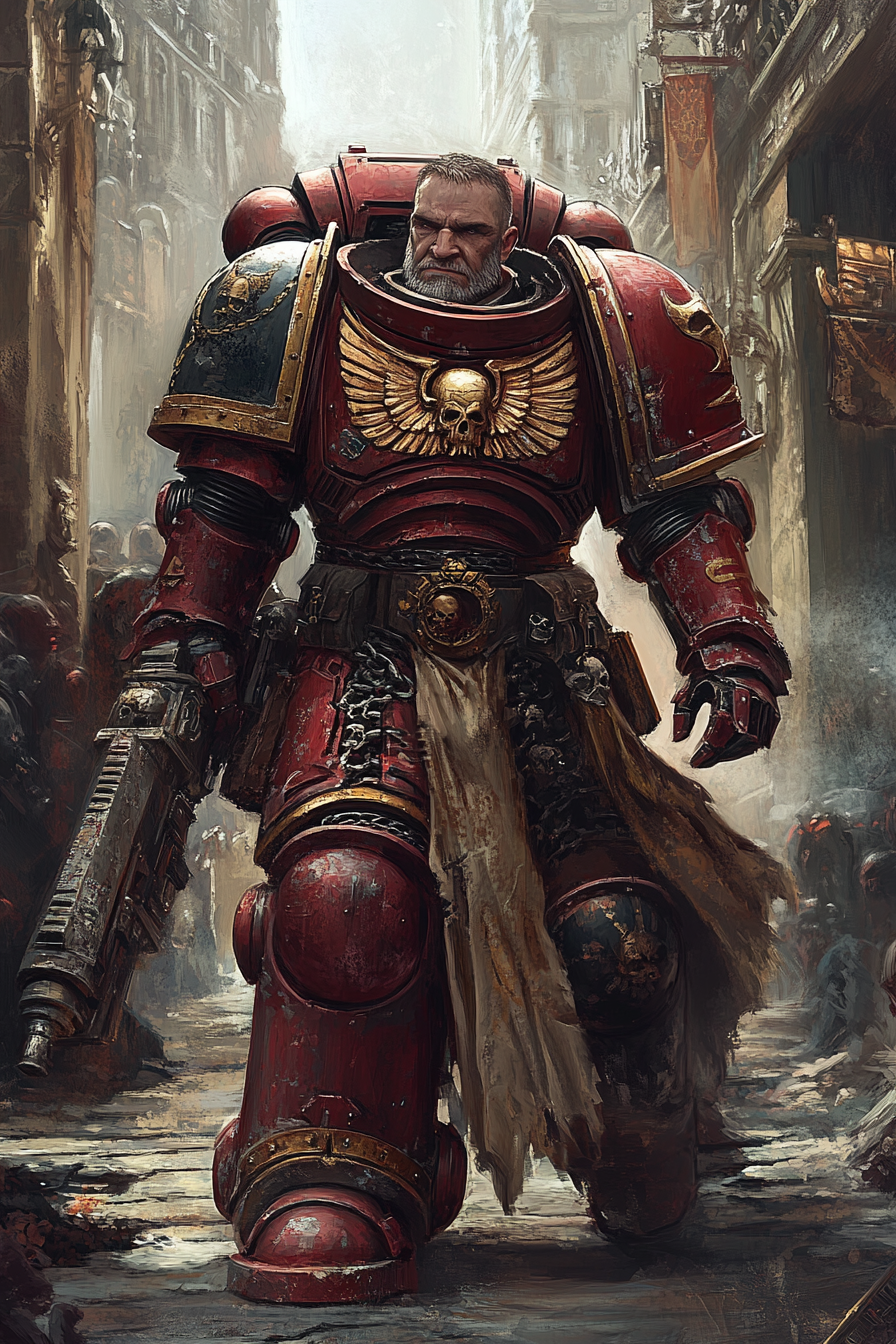 A male warhammer bureaucrat in grimdark street clothes.