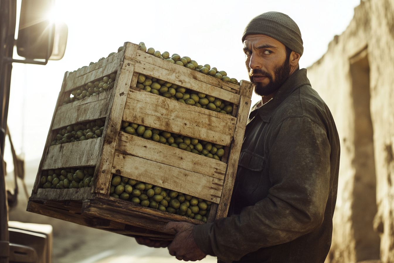 A male worker carrying olives in Iran.