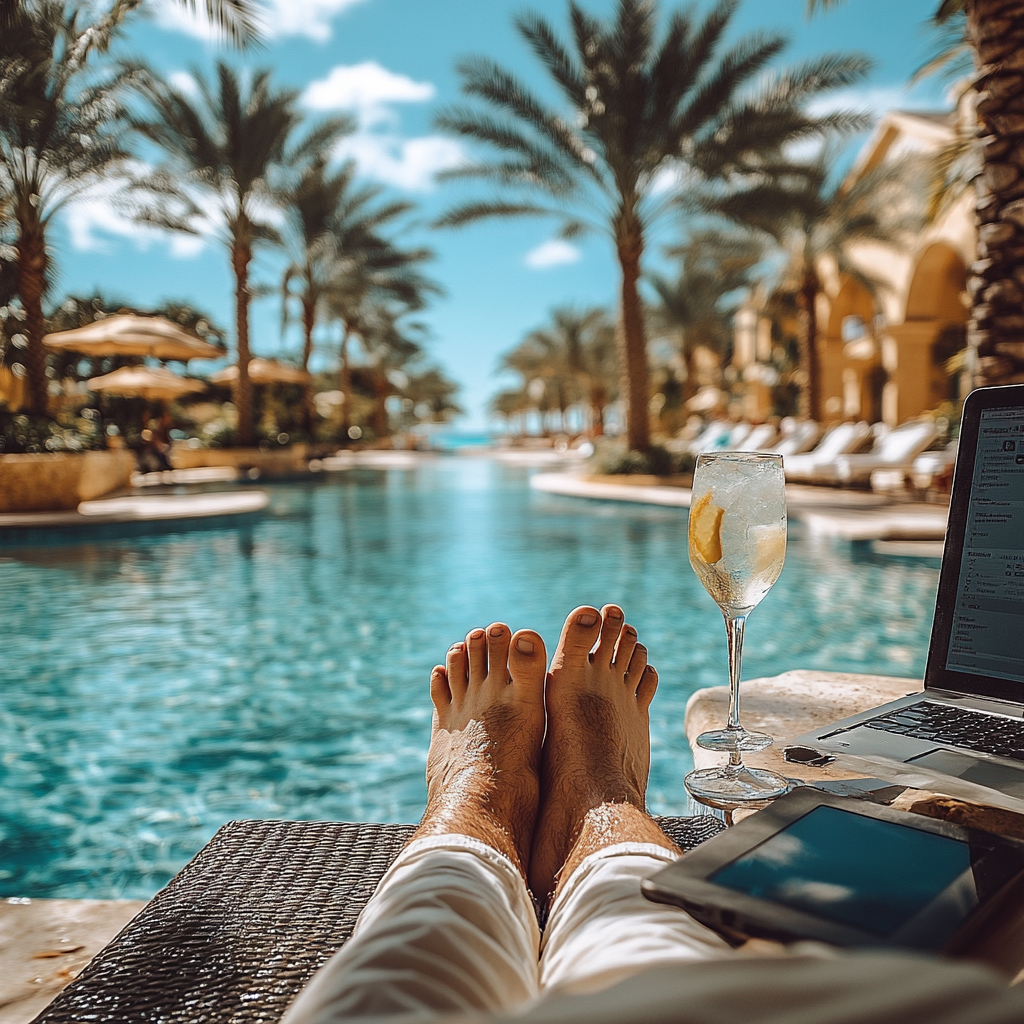 A man's feet on beach chair with laptop