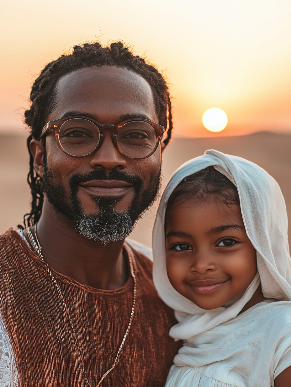 A man, his wife, and daughter in Dubai desert.