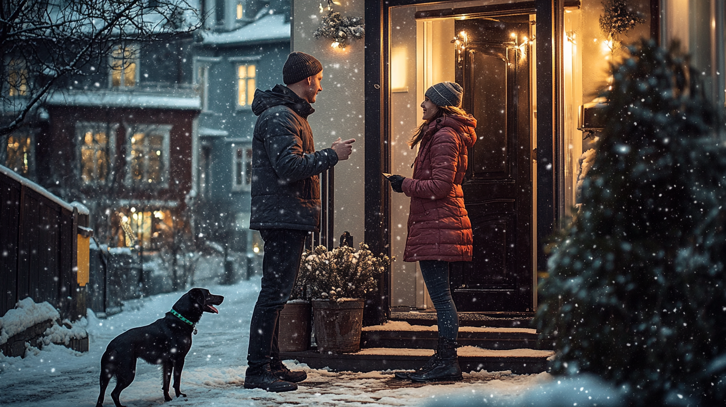 A man and his dog greet a woman.