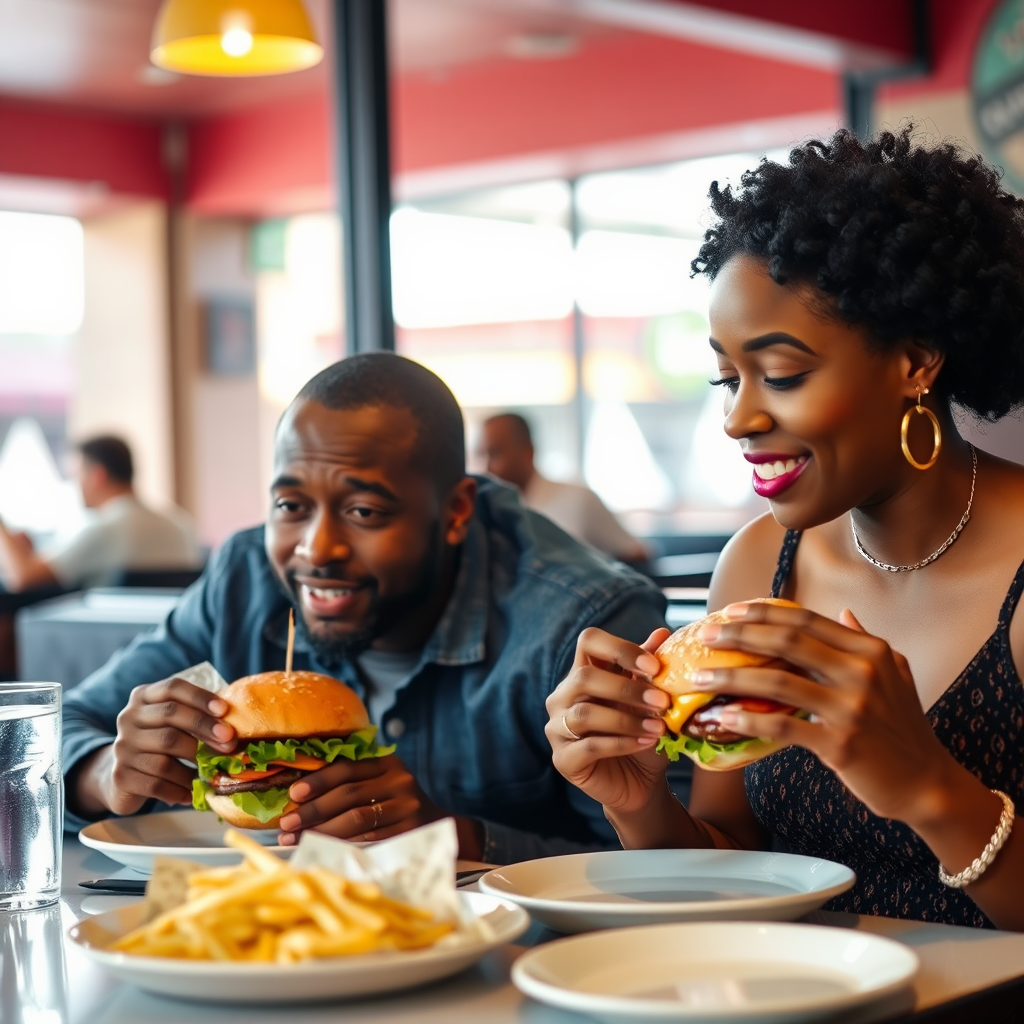 A man and woman eat burger in restaurant