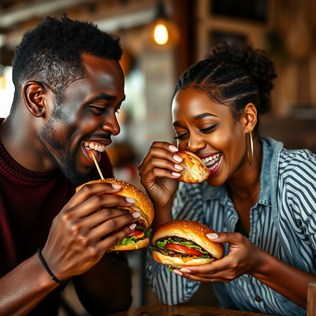 A man and woman eating burgers happily together.