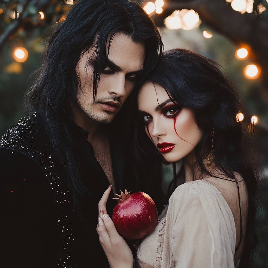 A man and woman in gothic and light clothing.