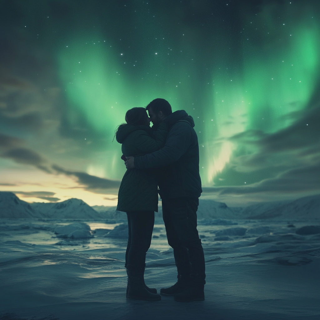 A man and woman watch northern lights happily.