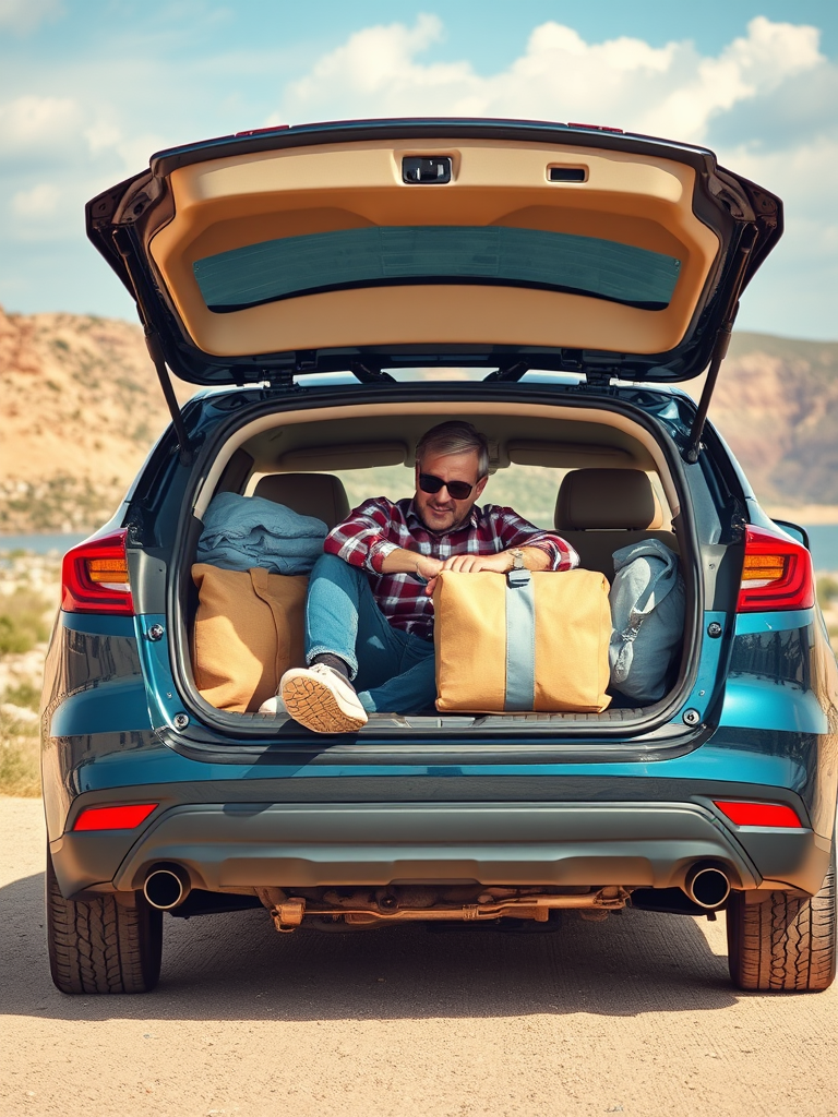 A man carefully packs car for vacation.