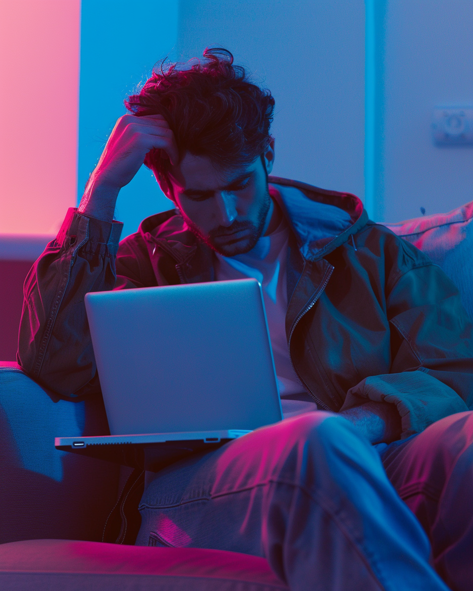 A man feeling sad on sofa with laptop.