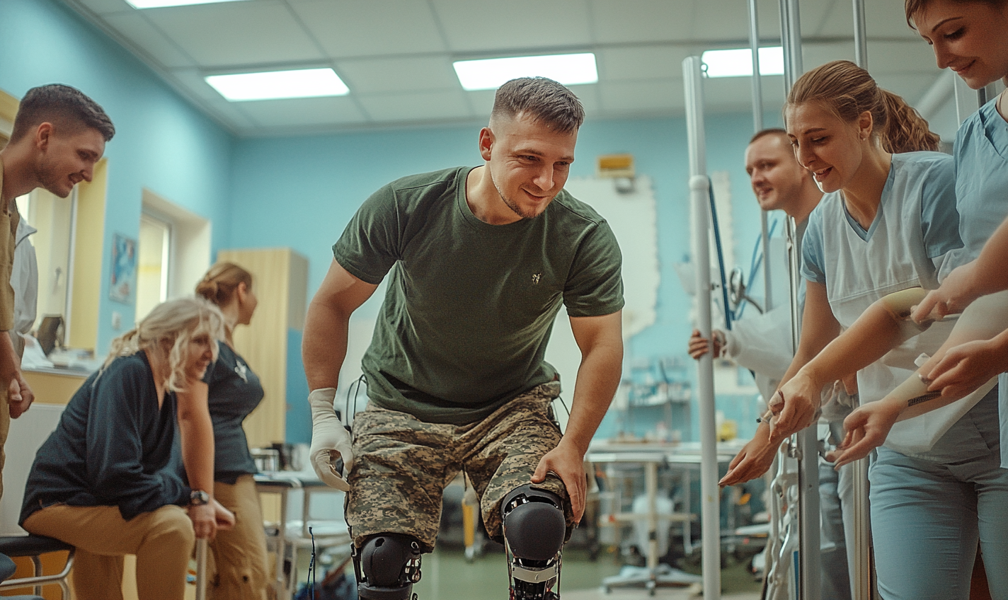 A man gets new leg at Ukrainian rehab clinic.