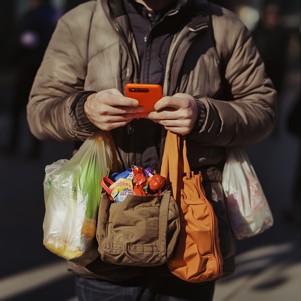 A man holds groceries, toys, phone under sunlight.