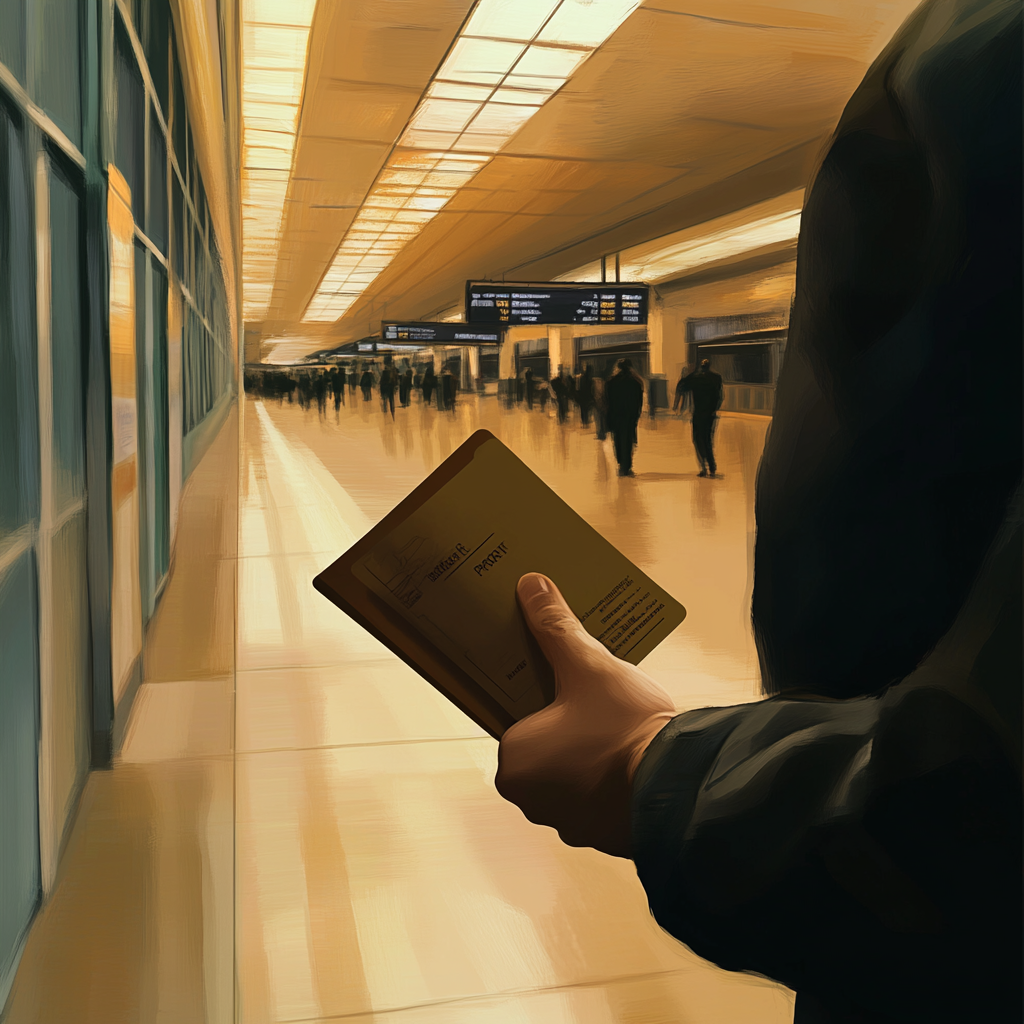 A man holds passport and boarding pass calmly