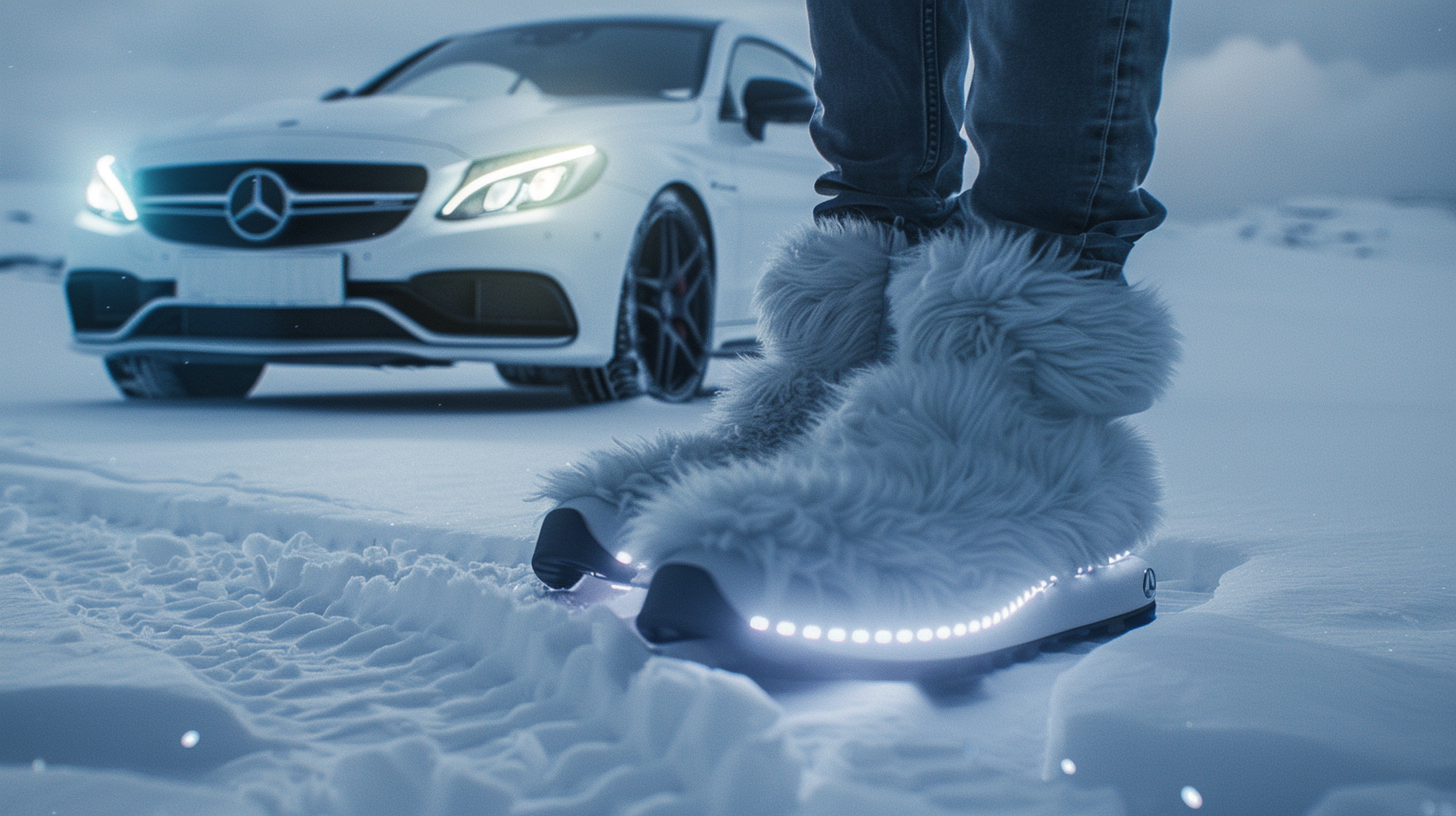 A man in Mercedes slippers on polar ice.