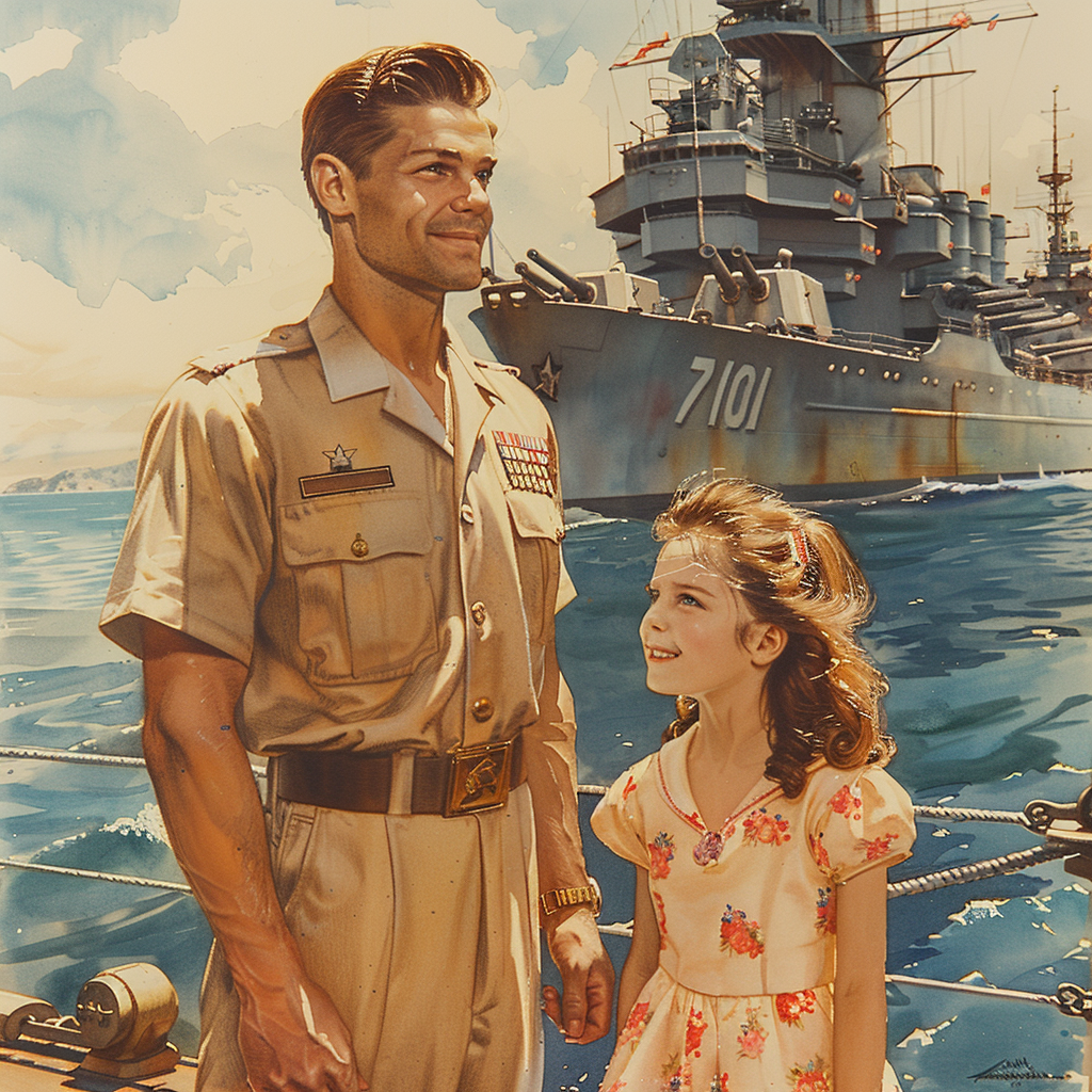 A man in Navy uniform with girl on ship.