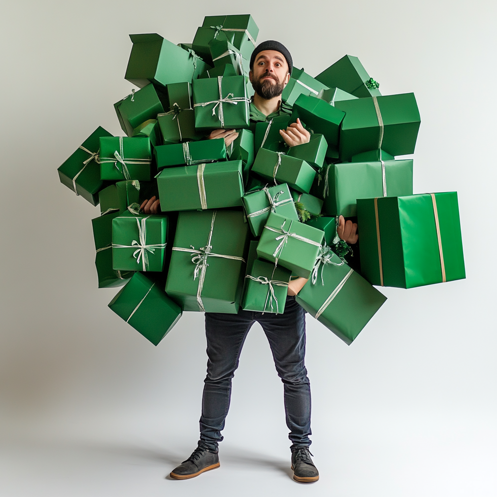 A man in Riga holds giant green gifts