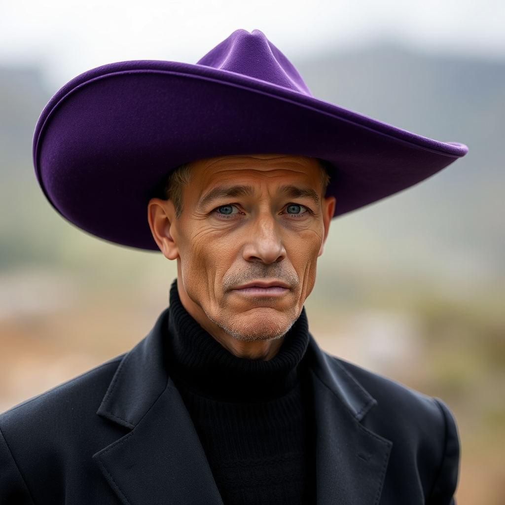 A man in a black outfit with a purple hat.