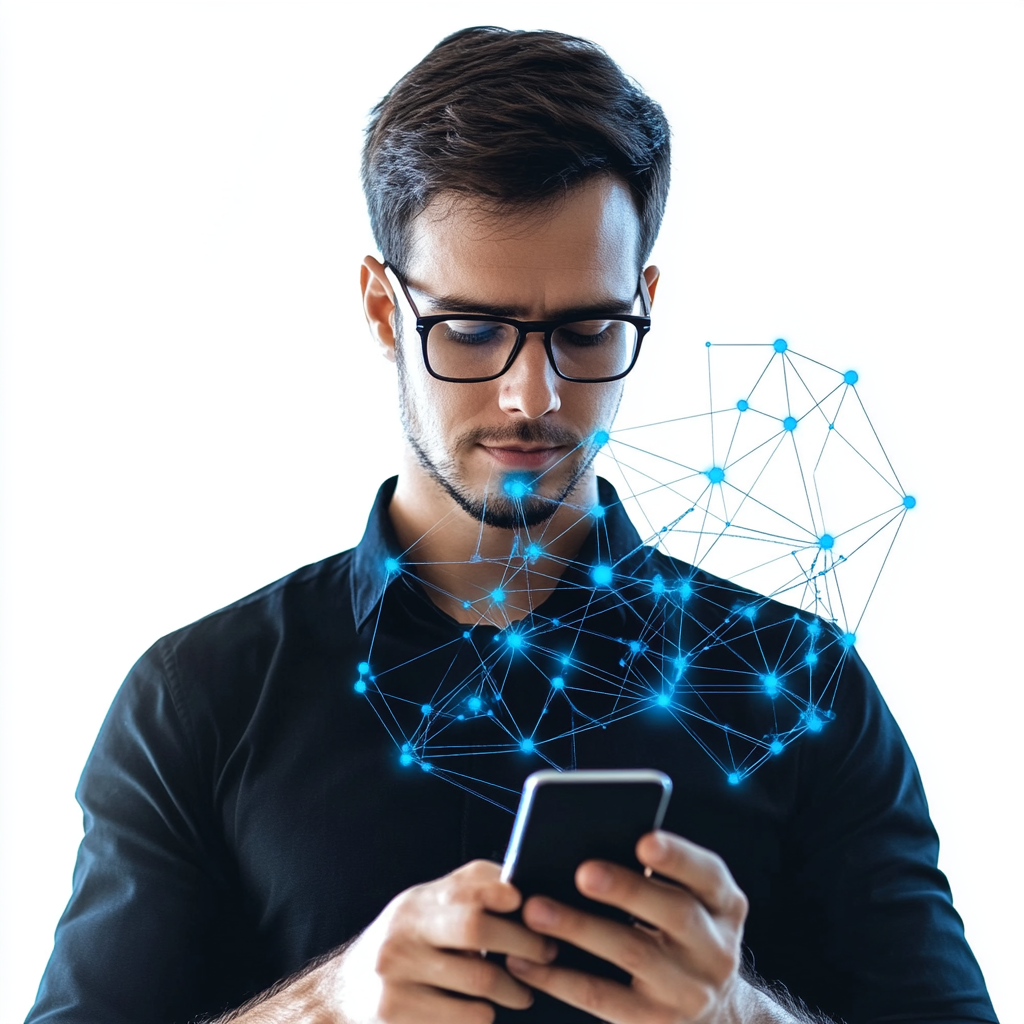 A man in a black shirt with glasses using phone.