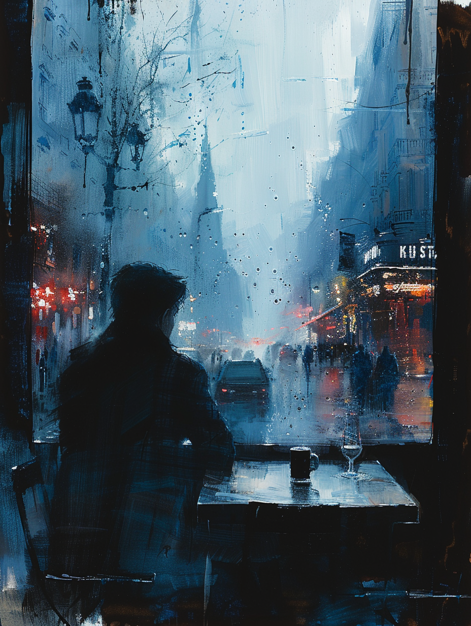 A man in a cafe looking at rain