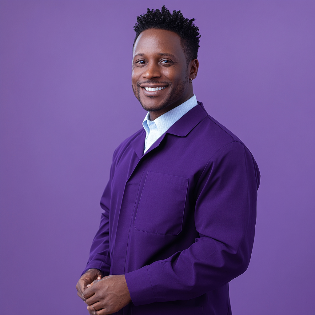 A man in a purple lab coat smiling