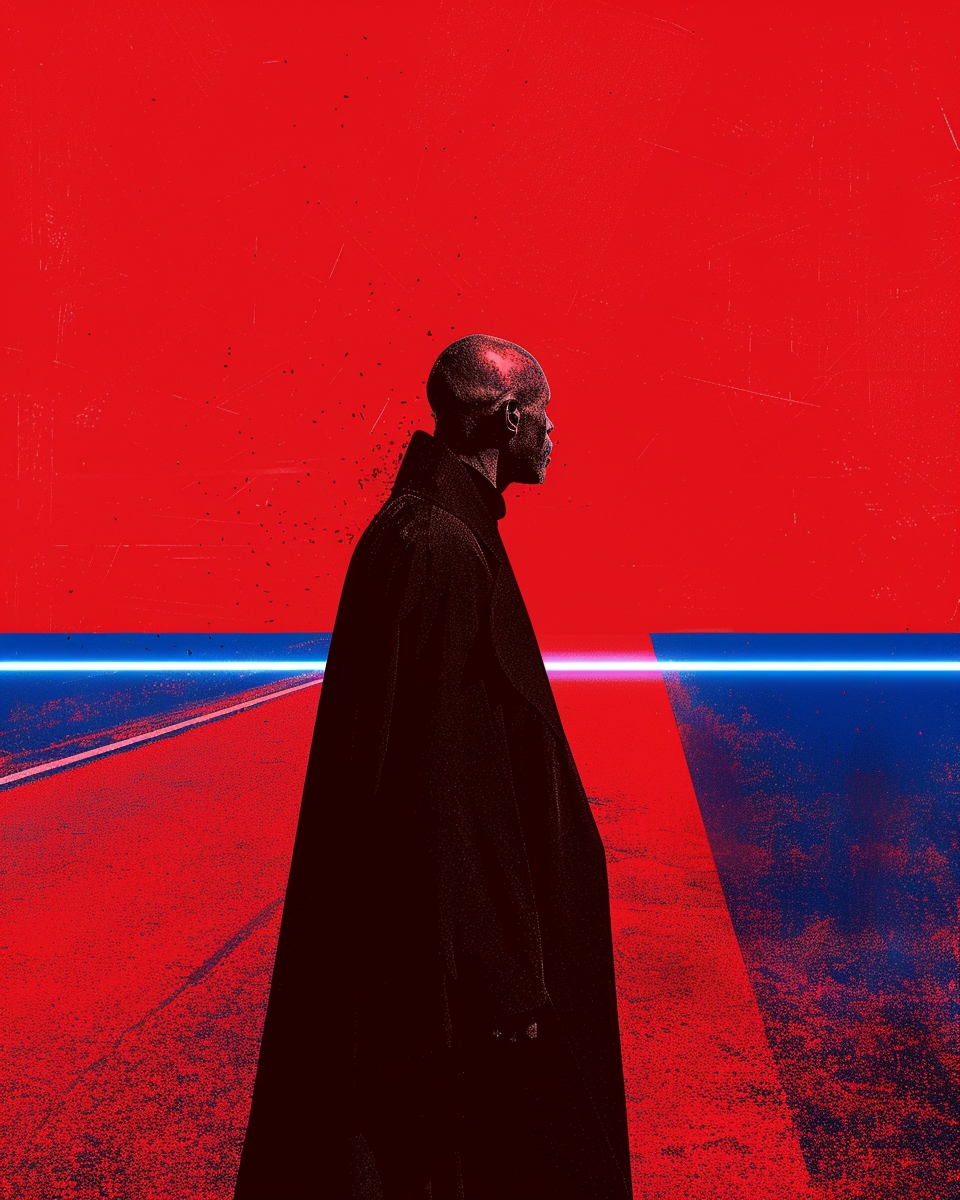 A man in a red road with blue light.