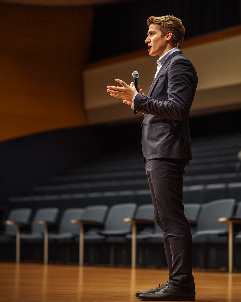 A man in a suit speaking on stage