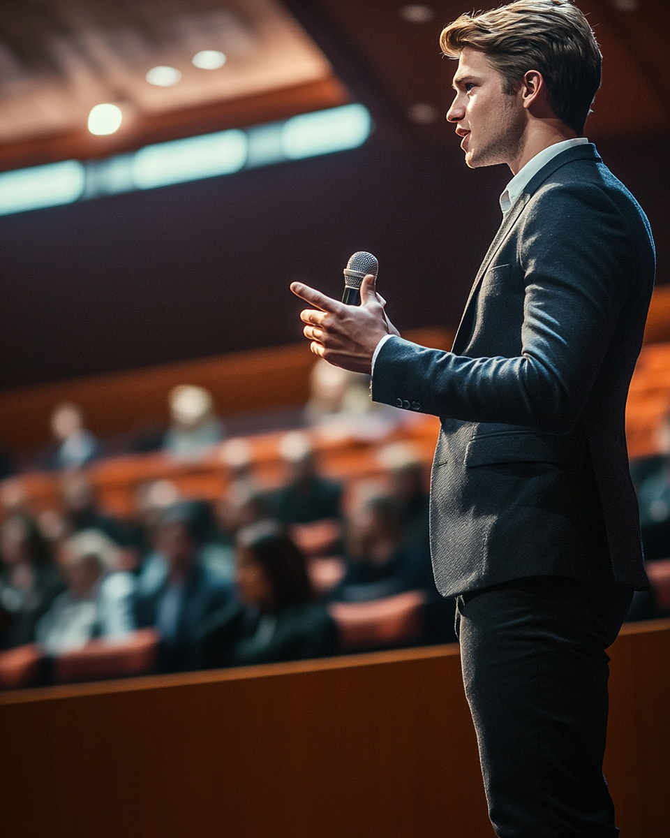 A man in a suit speaks on stage