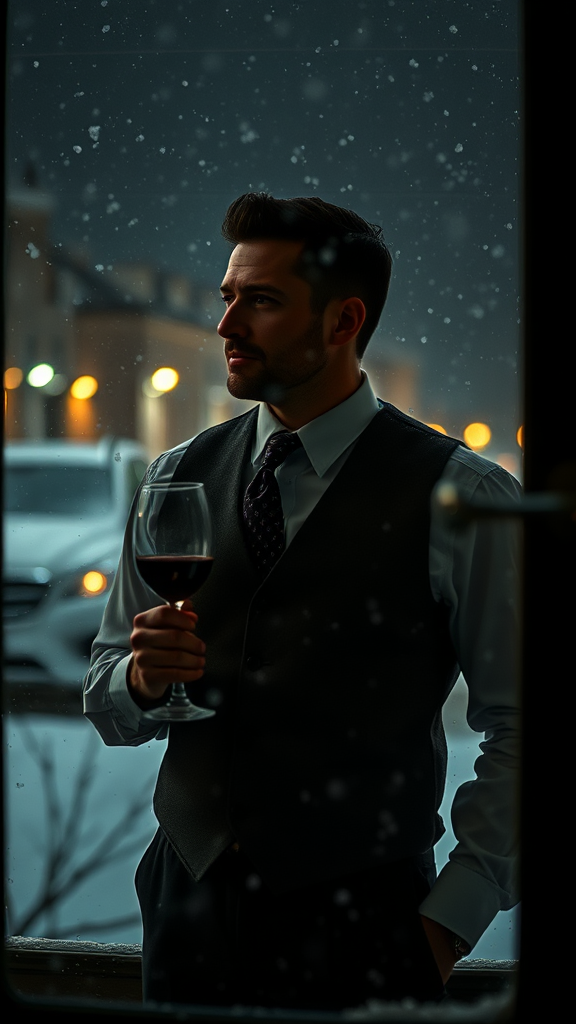 A man in a tie watches snow from window.