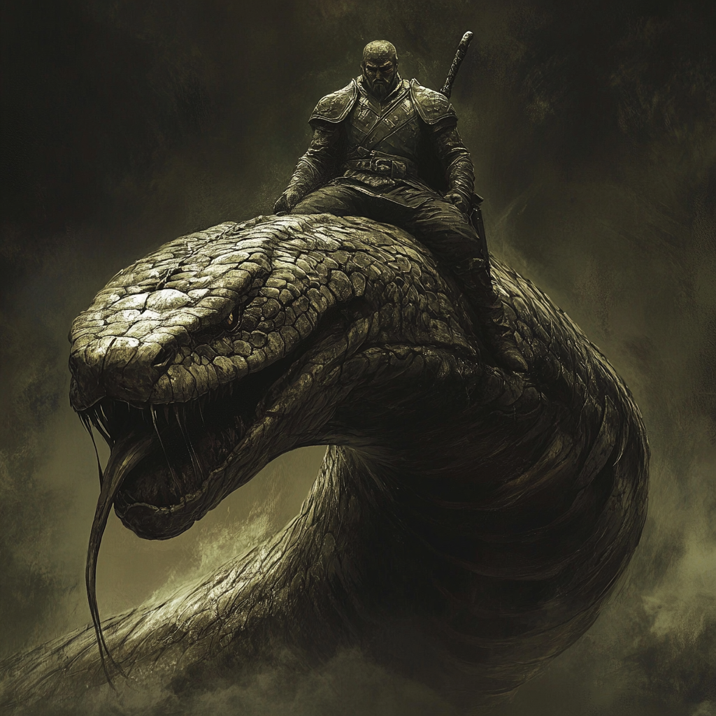 A man in armor rides giant, menacing snake.