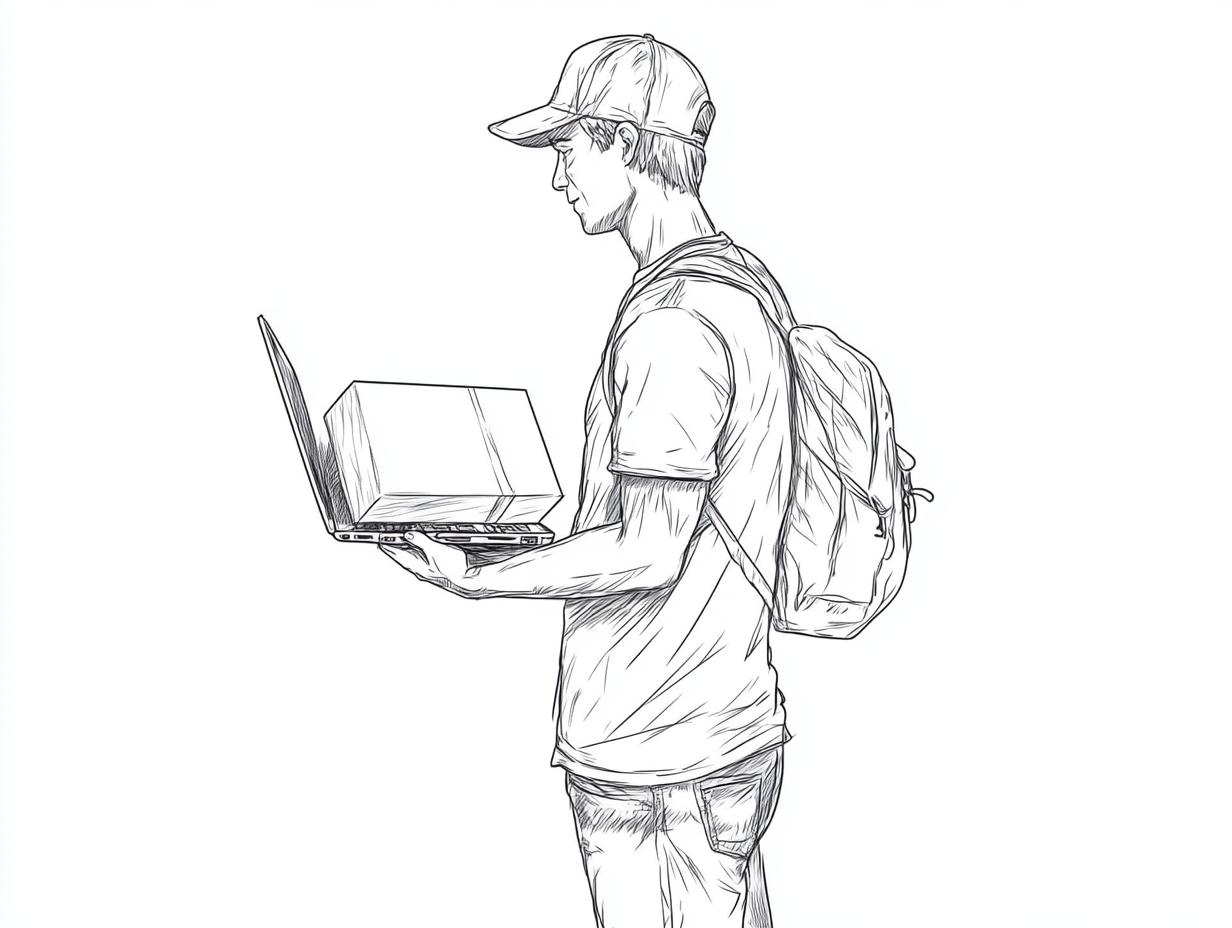 A man in baseball hat holds laptop & box.