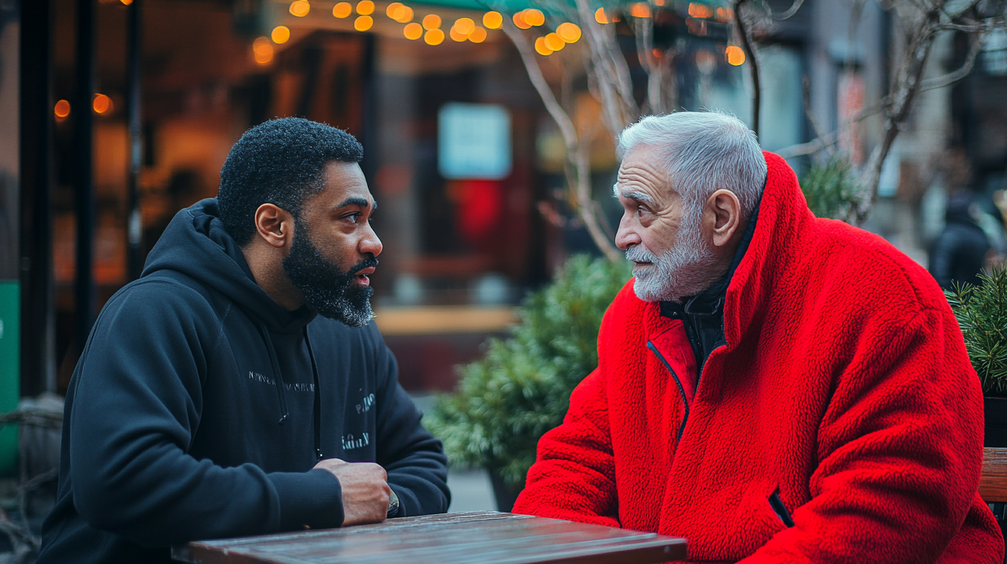 A man in black asking old man in red