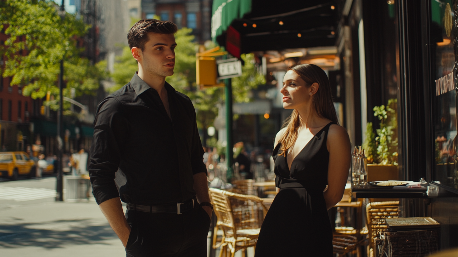 A man in black asks New York woman.