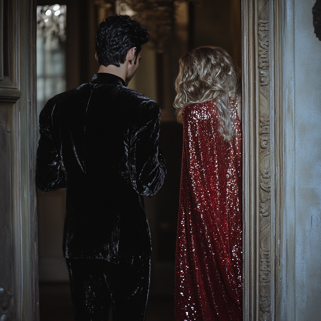 A man in black sequin suit peeping through door.