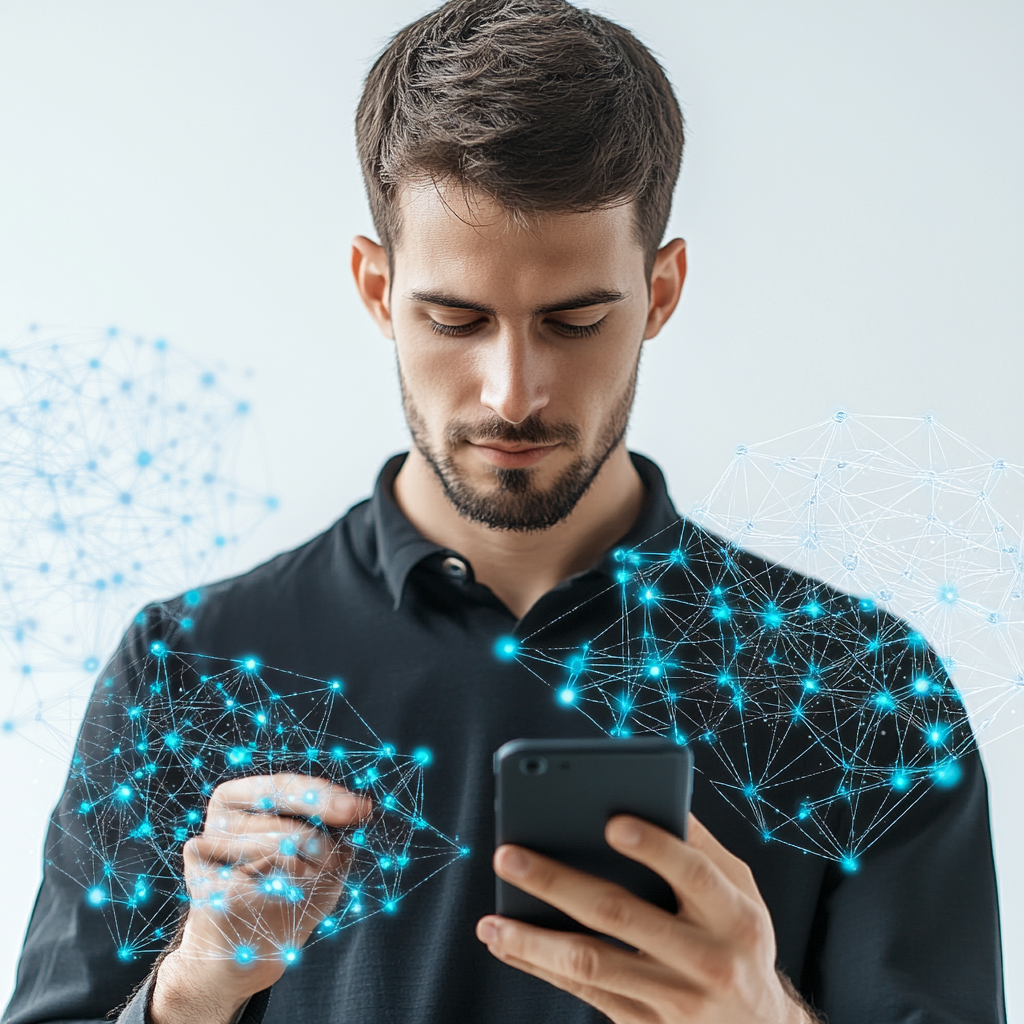 A man in black shirt looks at phone.