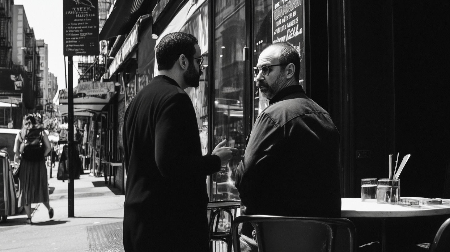 A man in black talking to NYC man.