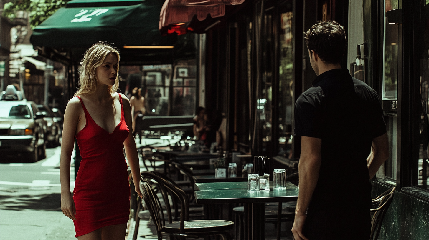 A man in black talking to woman in red.