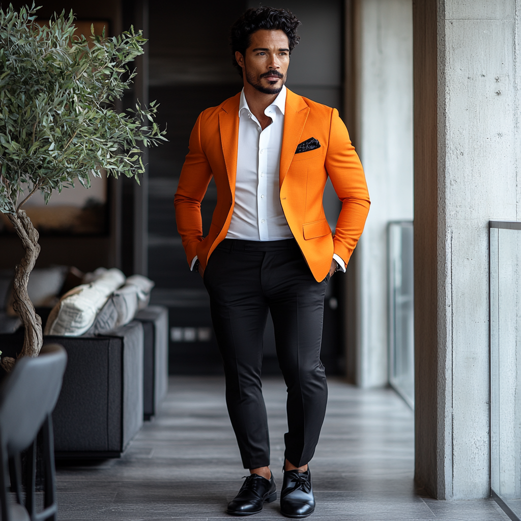 A man in burnt orange blazer and black pants